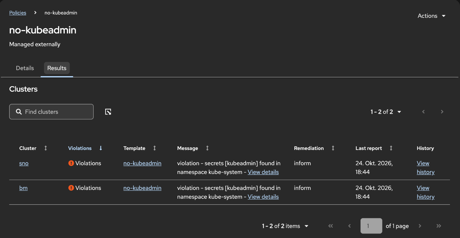 Results of the policy no-kubeadmin