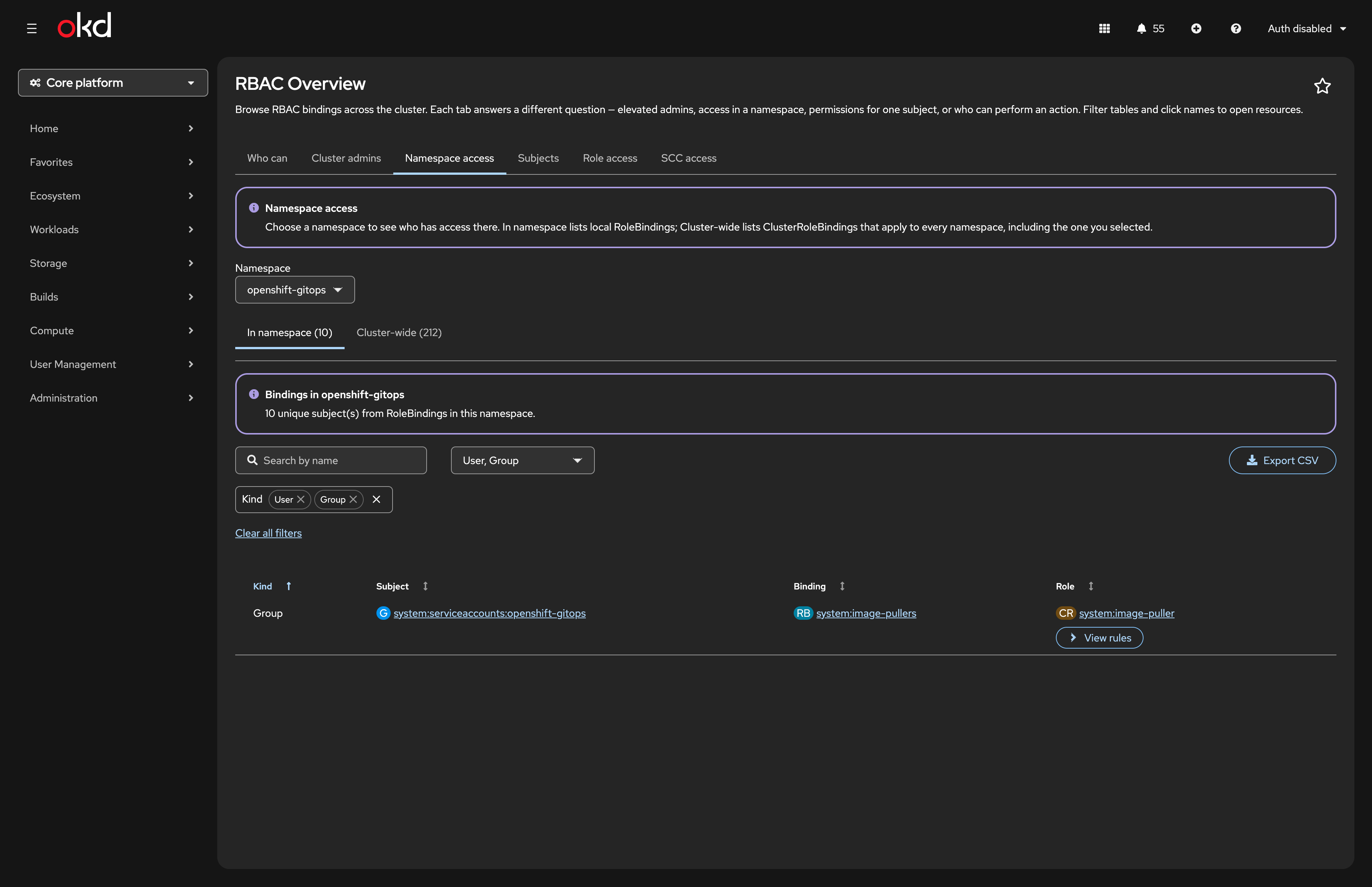 Namespace access for openshift-gitops