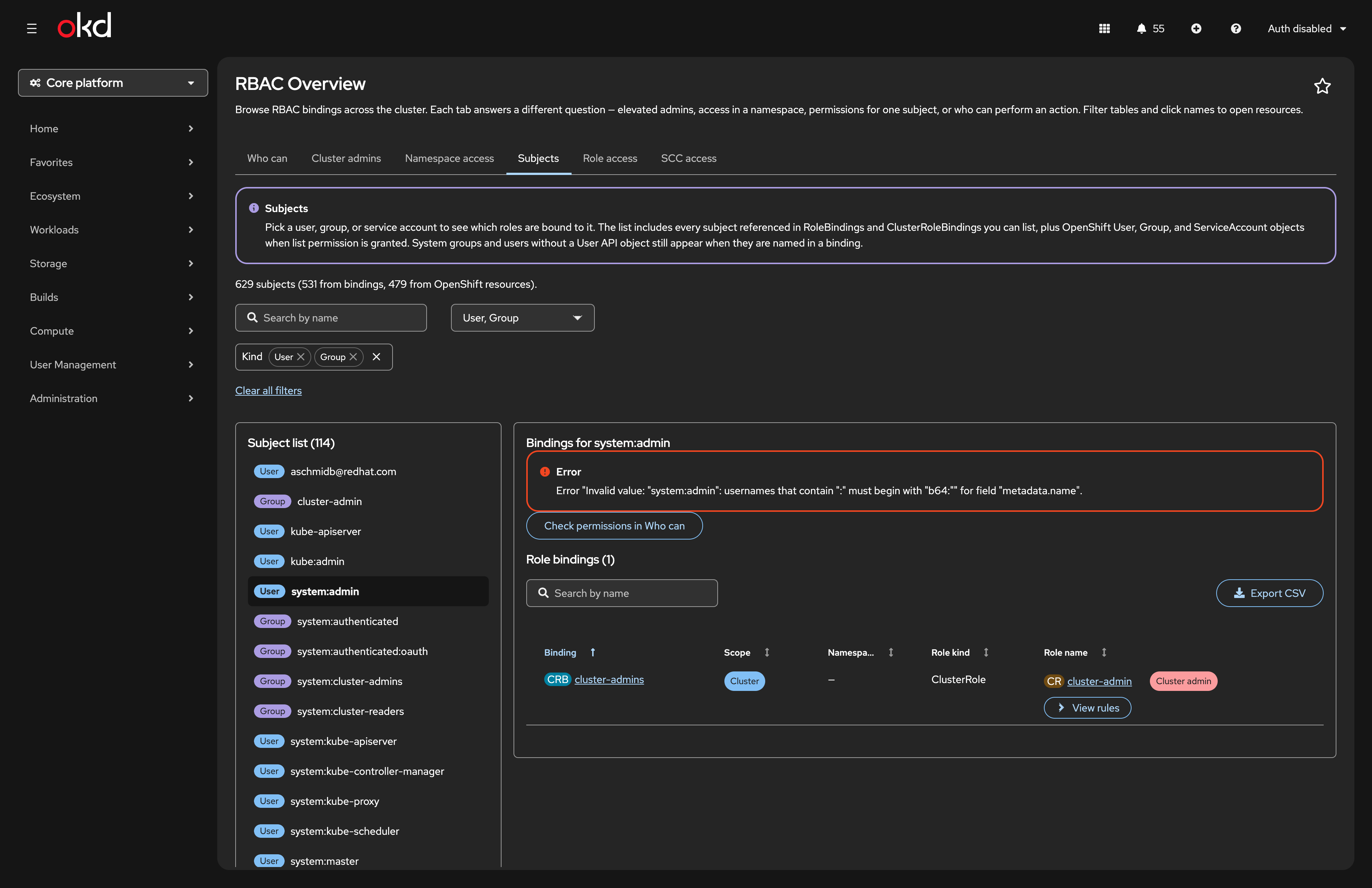 Subjects tab with user and group filter