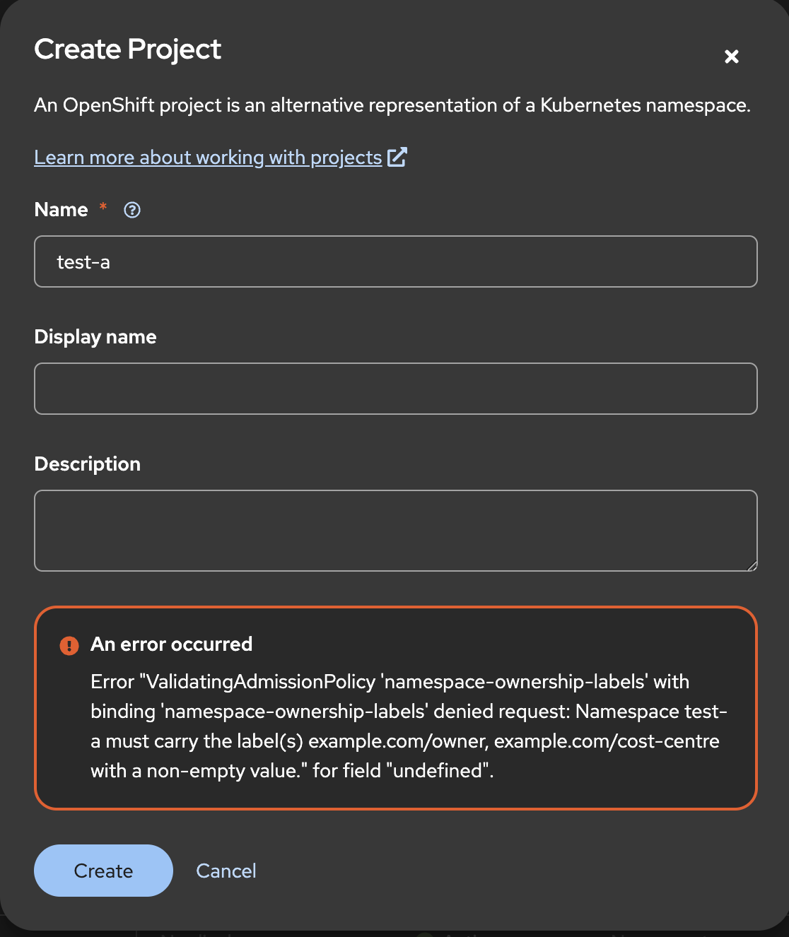 Namespace Ownership Labels UI Error